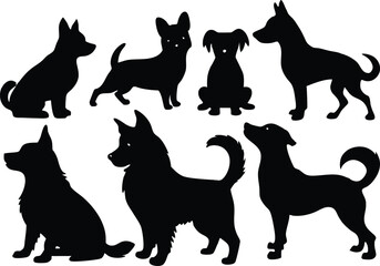 Set of dog silhouette vector. Dogs and puppies in different breed, corgi, golden retriever, poses, standing, jump dog set