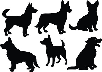 Set of dog silhouette vector. Dogs and puppies in different breed, corgi, golden retriever, poses, standing, jump dog set