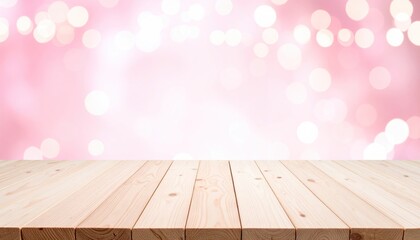 Pastel Pink Bokeh Background with Wooden Surface for Product Presentation