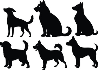 Set of dog silhouette vector. Dogs and puppies in different breed, corgi, golden retriever, poses, standing, jump dog set