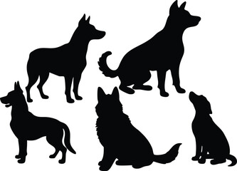 Set of dog silhouette vector. Dogs and puppies in different breed, corgi, golden retriever, poses, standing, jump dog set