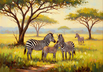 Obraz premium Art painting of zebra family with foal in a sunlit, impressionistic African savanna.