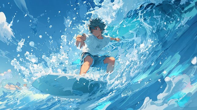 A stylized illustration of a character surfing a large wave.  Vibrant colors and dynamic motion capture the exhilarating experience