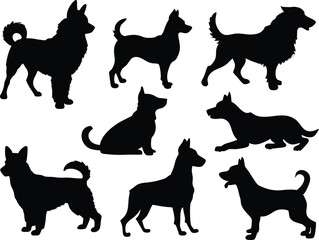 Set of dog silhouette vector. Dogs and puppies in different breed, corgi, golden retriever, poses, standing, jump dog set