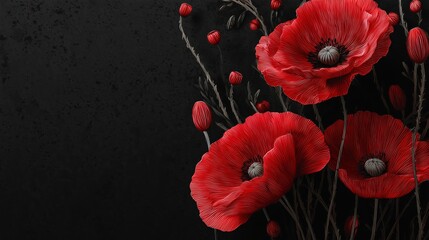 Victory in Europe Day postcard design featuring vibrant red poppies against a dramatic black background celebrating peace and remembrance