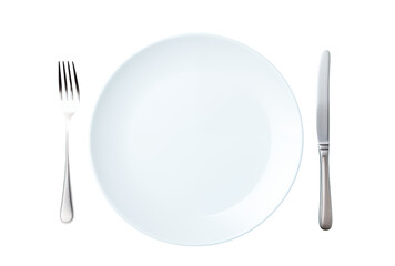 Elegant white plate setting showcases fork and knife on a transparent backdrop  isolated on white or transparent png