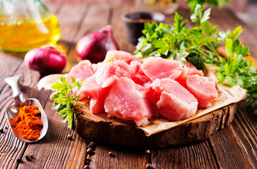 raw meat with spice on wooden board