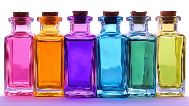 Colorful potion bottles with neon glow tops lined up against a white background showcasing vibrant hues and unique shapes in an inviting display