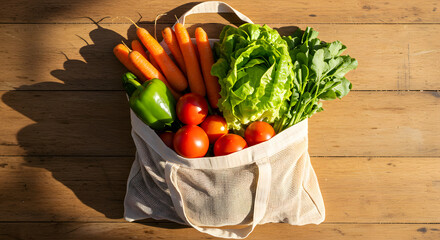 Fresh vegetables laid out on wooden surface with mesh bag, highlighting healthy and zero-waste living