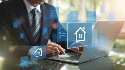 Realtor using laptop to access online real estate listing database