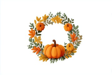 Pumpkin wreath with vibrant leaves creating a festive autumn decoration isolated on white background