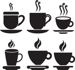 Coffee and Tea Cup Silhouette Icon Set on White Background

