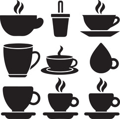Coffee and Tea Cup Silhouette Icon Set on White Background


