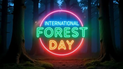 International forest day celebration in neon light at night