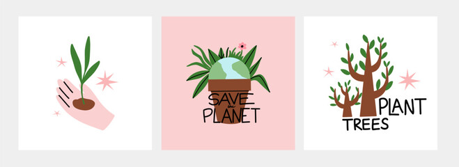 Save planet. Earth environmental care. Icon or sticker collection. green energy, stop pollution, reuse and recycled. Eco friendly, ecology elements. Vector cartoon flat style isolated illustration set