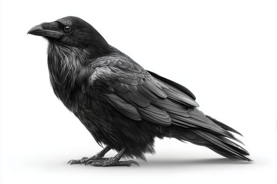 Raven icon with glossy black feathers isolated against a white background showcasing intricate feather details and a watchful gaze