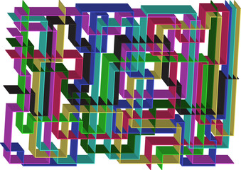 Abstract design with colorful geometric line patterns forming intersecting 3D paths. The composition creates a sense of depth, structure and visual complexity that is modern and dynamic