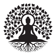 Yoga Meditation With Tree Roots and Leaves black silhouette vector, Simple silhouette Design vector icon with white background