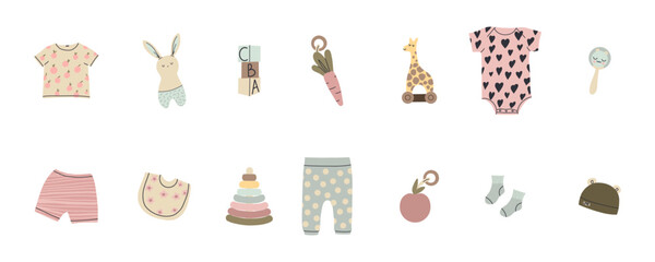 Baby clothes and toys. Pastel newborn bodysuit, hat and pants. Baby and toddler clothing, natural ecological cotton. Cute rattle, wooden cubes and rabbit, vector cartoon flat isolated illustration