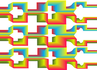 Abstract geometric design with rainbow gradient colored square shapes. The repetitive pattern creates the illusion of depth and dimension, giving a futuristic and modern impression in a digital style