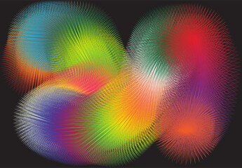 A rainbow-colored abstract illustration with a fine line pattern forming a feather-like texture. This dynamic design creates a sense of movement, depth, and softness in a modern visual composition