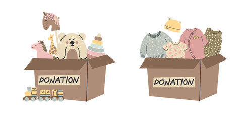 Baby clothes and toys donation. Kids and newborn bodysuit in box. Sharing for children. Charity concept. Volunteer care, poor family social, support. Donate advertising. Vector cartoon illustration