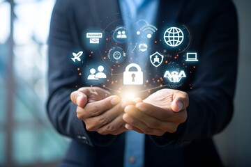 Businessman holding digital icons of people and team management, representing human resources, recruitment, employee data, business leadership, and digital HR solutions.