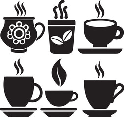 Coffee and Tea Cup Silhouette Icon Set on White Background

