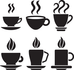 Coffee and Tea Cup Silhouette Icon Set on White Background

