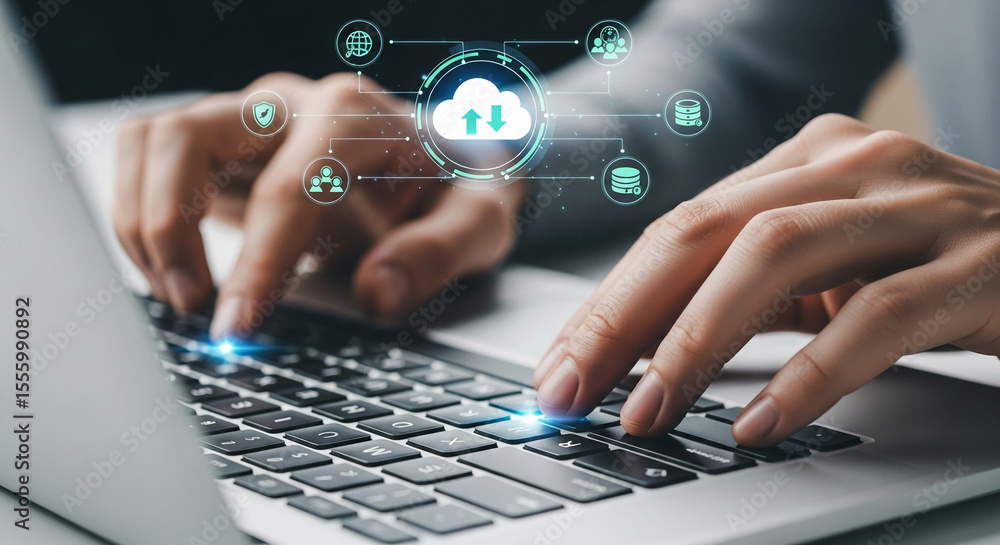 Poster hands typing on laptop keyboard, cloud computing data transfer visualized, symbolizing digital techn