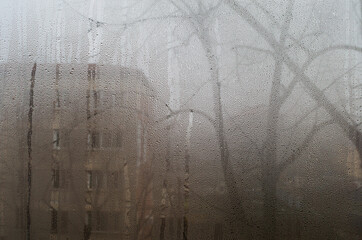 Close up of double glazed window condensation causes by excessive moisture in the house in winter....