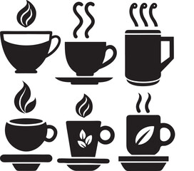 Coffee and Tea Cup Silhouette Icon Set on White Background


