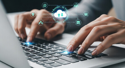 Hands typing on laptop keyboard, cloud computing data transfer visualized, symbolizing digital technology, online data storage, and network connection