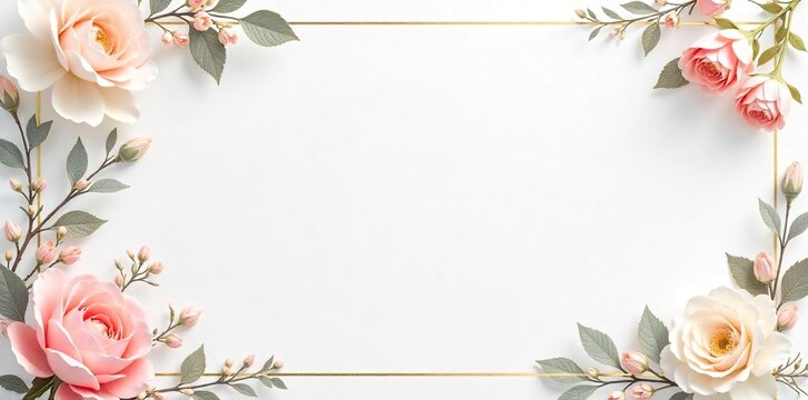 Elegant white wedding template with gold accents, perfect for customizable invitations or stationery design Floral details and minimalist aesthetic , floral, minimalist wedding