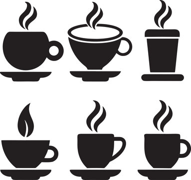 Coffee and Tea Cup Silhouette Icon Set on White Background

