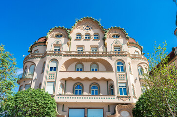 The Black Eagle Palace in Oradea against a blue sky in the background. The famous historic building...