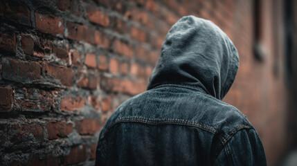 Rear view of hooded man standing alone near brick wall representing urban loneliness youth depression or street-style concept