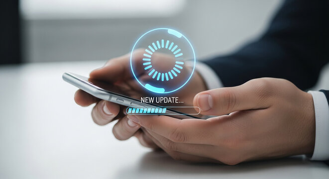 Close-up of hands holding smartphone displaying a digital progress bar and loading circle, symbolizing software update, technological progress, and mobile application development - Powered by Adobe