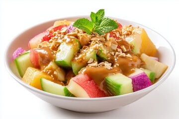 Mixed fruit salad with peanut sauce on a white background showcasing a vibrant blend of colors and textures, perfect for a refreshing snack or dessert