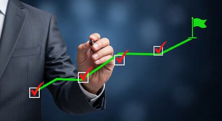 Hand draws green upward trend line with checkmarks, symbolizing progress, achievement, and goal attainment in business strategy or project management