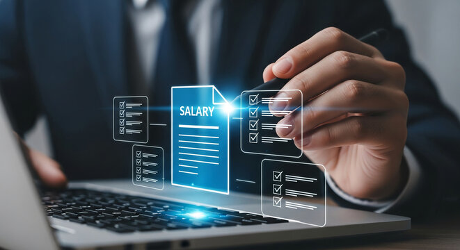 Close-up of hand interacting with digital salary document and checklist on laptop, showcasing efficient payroll management and online business processes