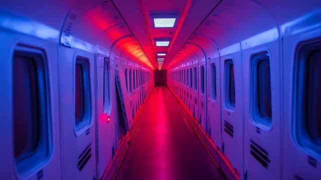 Space station corridor with LED lights bleeding into red/blue color fringes - Powered by Adobe