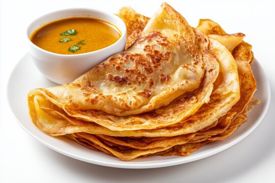 Crispy roti canai flatbread served with flavorful curry on a white background for a delightful meal experience