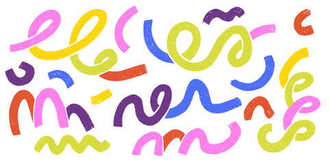 Colorful doodle lines. Abstract swirls and spirals, childish crayons drawing, modern strokes. Hand drawn sketch pencil collages design. Vector cartoon flat style isolated on background illustration