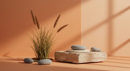 Serene composition with river stones, pampas grass, and a textured stone block