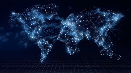 Futuristic digital of a world map with illuminated nodes and communication lines representing global digital connectivity and data networks