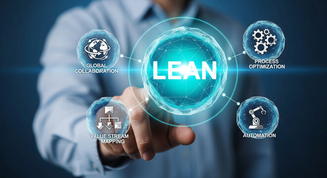Person uses digital interface with "LEAN" concept, process optimization, global collaboration, value stream mapping, automation icons, showing business efficiency/tech integration