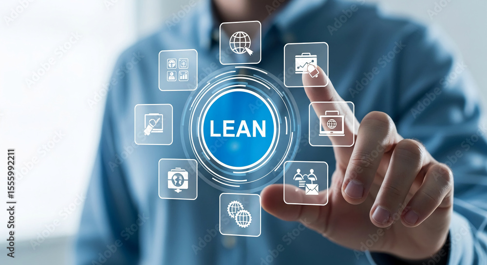Poster person interacting with a digital interface showcasing a lean management system, represented by icon