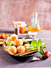 Overhead image of arabic snack falafel in the form of chickpea balls with spices.