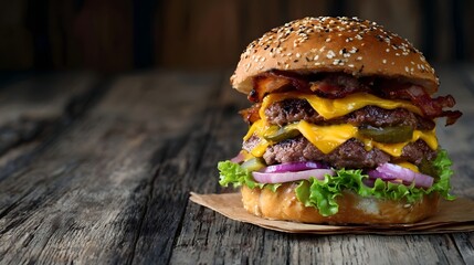 Mouthwatering double beef cheeseburger with melted cheddar crispy bacon lettuce onion and a sesame seed bun served on a rustic wooden table